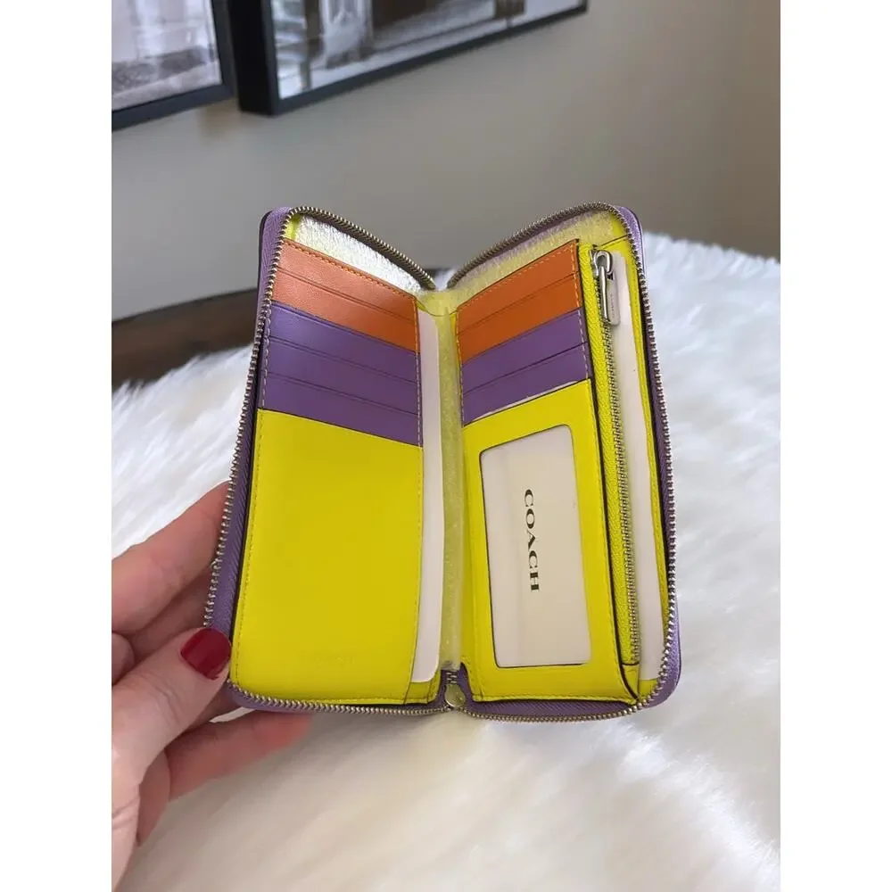 Coach Dark Brown Signature Zip Wallet with Lavender Trim